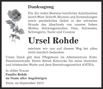 Traueranzeige von Ursel Rohde von Super Sonntag Zeitz