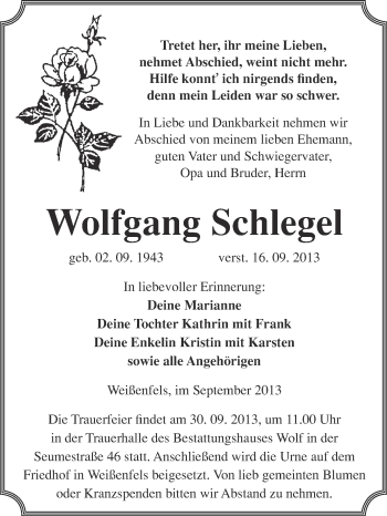 Traueranzeige von Wolfgang Schlegel von WVG - Wochenspiegel NMB / WSF / ZTZ