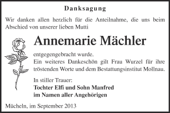 Traueranzeige von Annemarie Mächler von WVG - Wochenspiegel Merseburg
