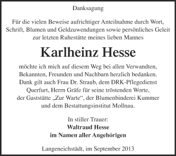Traueranzeige von Karlheinz Hesse von WVG - Wochenspiegel Merseburg