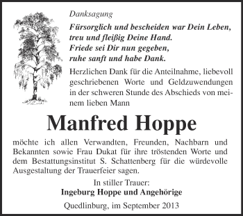 Traueranzeige von Manfred Hoppe von WVG - Wochenspiegel Quedlinburg