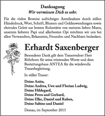Traueranzeige von Erhardt Saxenberger von Super Sonntag Dessau / Köthen