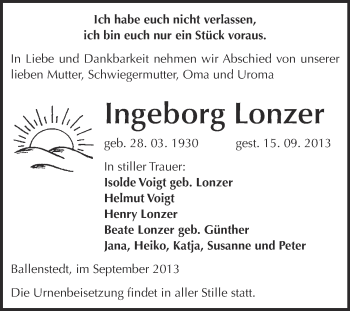 Traueranzeige von Ingeborg Lonzer von WVG - Wochenspiegel Quedlinburg