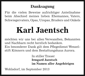Traueranzeige von Karl Jaentsch von Super Sonntag Bernburg