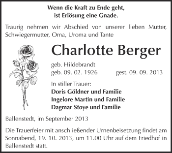 Traueranzeige von Charlotte Berger von WVG - Wochenspiegel Quedlinburg