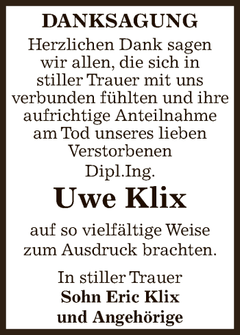 Traueranzeige von Uwe Klix von Super Sonntag Bernburg