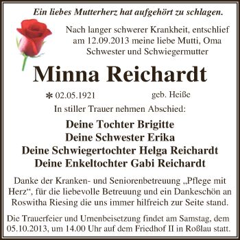 Traueranzeige von Minna Reichardt von WVG - Wochenspiegel Dessau / Köthen