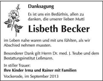 Traueranzeige von Lisbeth Becker von WVG - Wochenspiegel Wittenberg