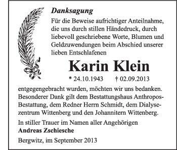 Traueranzeige von Karin Klein von Super Sonntag Wittenberg