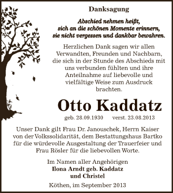 Traueranzeige von Otto Kaddatz von WVG - Wochenspiegel Dessau / Köthen