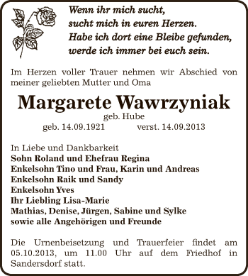 Traueranzeige von Margarete Wawrzyniak von WVG - Wochenspiegel Bitterfeld