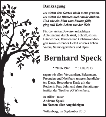 Traueranzeige von Bernhard Speck von WVG - Wochenspiegel Wittenberg