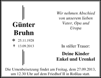 Traueranzeige von Günter Bruhn von Super Sonntag Dessau / Köthen