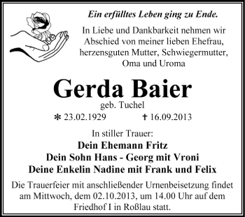 Traueranzeige von Gerda Baier von Super Sonntag Dessau / Köthen