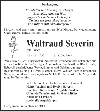 Traueranzeige von Waltraud Severin von WVG - Wochenspiegel Quedlinburg