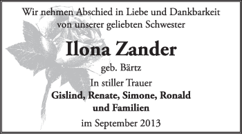 Traueranzeige von Ilona Zander von Super Sonntag Dessau / Köthen