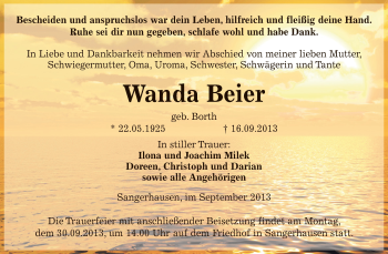 Traueranzeige von Wanda Beier von Super Sonntag SGH Mansf. Land