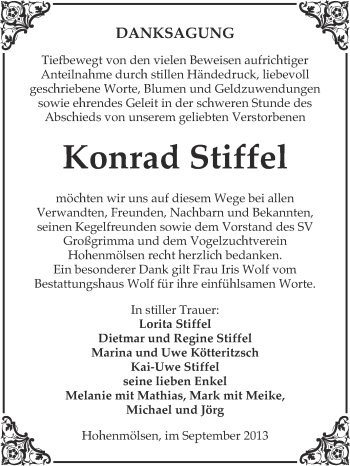 Traueranzeige von Konrad Stiffel von WVG - Wochenspiegel NMB / WSF / ZTZ
