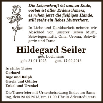 Traueranzeige von Hildegard Seiler von Super Sonntag Bernburg