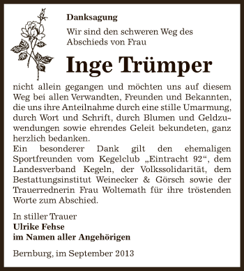Traueranzeige von Inge Trümper von Super Sonntag Bernburg