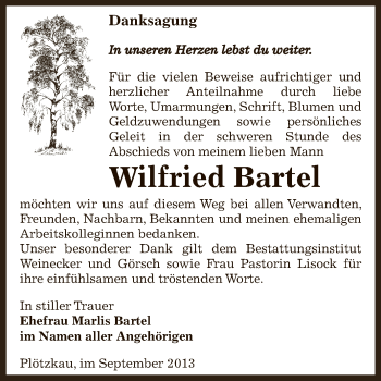 Traueranzeige von Wilfried Bartel von Super Sonntag Bernburg