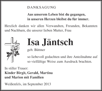 Traueranzeige von Isa Jäntsch von Super Sonntag Merseburg
