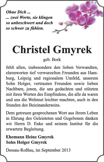 Traueranzeige von Christel Gmyrek von Super Sonntag Dessau / Köthen