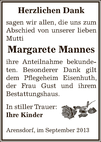 Traueranzeige von Margarete Mannes von WVG - Wochenspiegel Dessau / Köthen