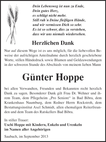 Traueranzeige von Günter Hoppe von WVG - Wochenspiegel NMB / WSF / ZTZ