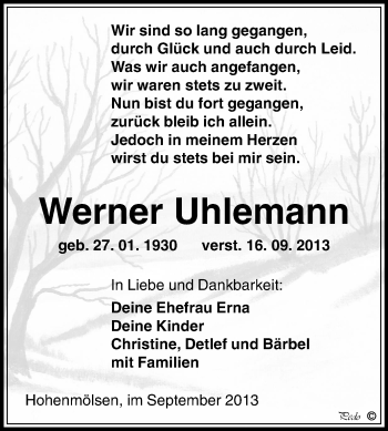 Traueranzeige von Werner Uhlemann von WVG - Wochenspiegel NMB / WSF / ZTZ