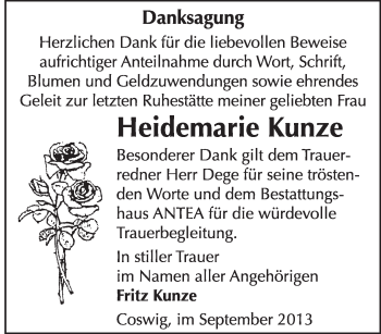 Traueranzeige von Heidemarie Kunze von Super Sonntag Dessau / Köthen
