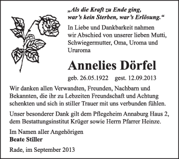 Traueranzeige von Annelies Dörfel von WVG - Wochenspiegel Wittenberg
