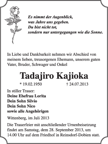 Traueranzeige von Tadajiro Kajioka von WVG - Wochenspiegel Wittenberg