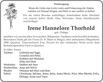 Traueranzeige von Irene Hannelore Thorhold von WVG - Wochenspiegel Merseburg