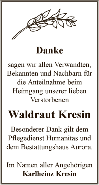 Traueranzeige von Waldraut Kresin von Super Sonntag Bernburg