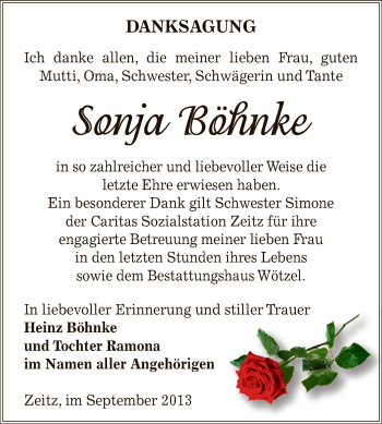 Traueranzeige von Sonja Böhnke von Super Sonntag Zeitz