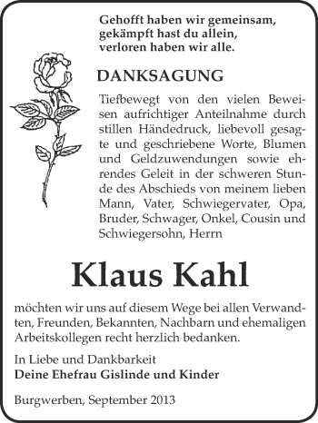 Traueranzeige von Klaus Kahl von WVG - Wochenspiegel NMB / WSF / ZTZ