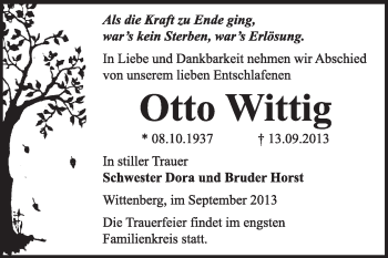 Traueranzeige von Otto Wittig von WVG - Wochenspiegel Wittenberg