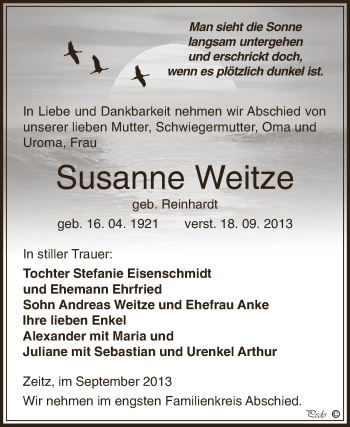 Traueranzeige von Susanne Weitze von Super Sonntag Zeitz