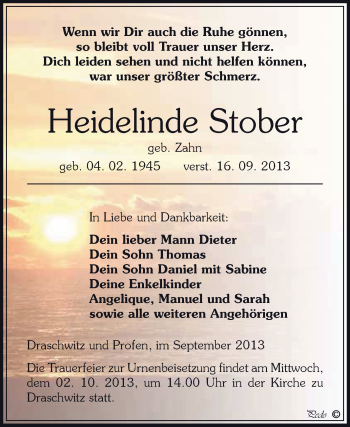 Traueranzeige von Heidelinde Stober von Super Sonntag Zeitz