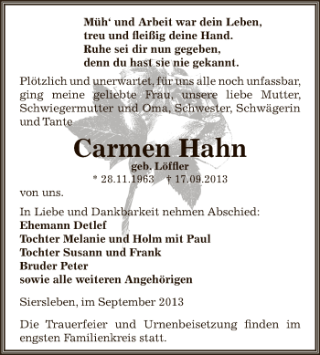 Traueranzeige von Carmen Hahn von Wochenspiegel Mansfelder Land