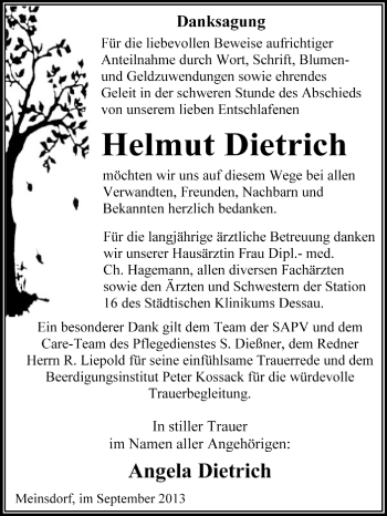 Traueranzeige von Helmut Dietrich von Super Sonntag Dessau / Köthen