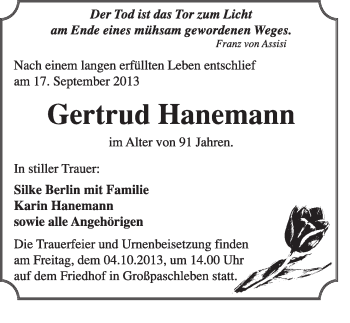 Traueranzeige von Gertrud Hanemann von Super Sonntag Dessau / Köthen