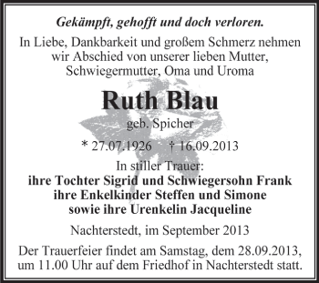 Traueranzeige von Ruth Blau von WVG - Wochenspiegel Aschersleben