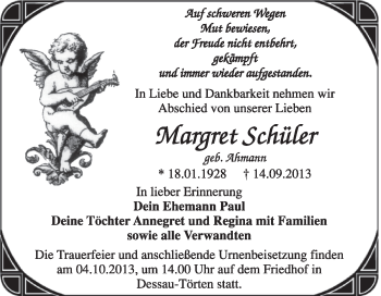 Traueranzeige von Margret Schüler von Super Sonntag Dessau / Köthen