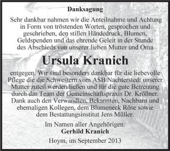 Traueranzeige von Ursula Kranich von WVG - Wochenspiegel Aschersleben