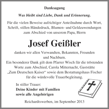 Traueranzeige von Josef Geißler von WVG - Wochenspiegel NMB / WSF / ZTZ