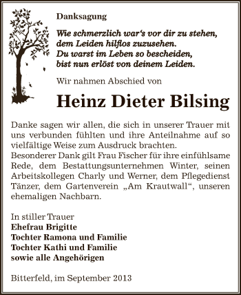 Traueranzeige von Heinz Dieter Bilsing von WVG - Wochenspiegel Bitterfeld