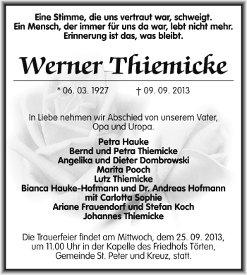Traueranzeige von Werner Thiemicke von Super Sonntag Dessau / Köthen