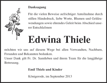 Traueranzeige von Edwina Thiele von WVG - Wochenspiegel Quedlinburg